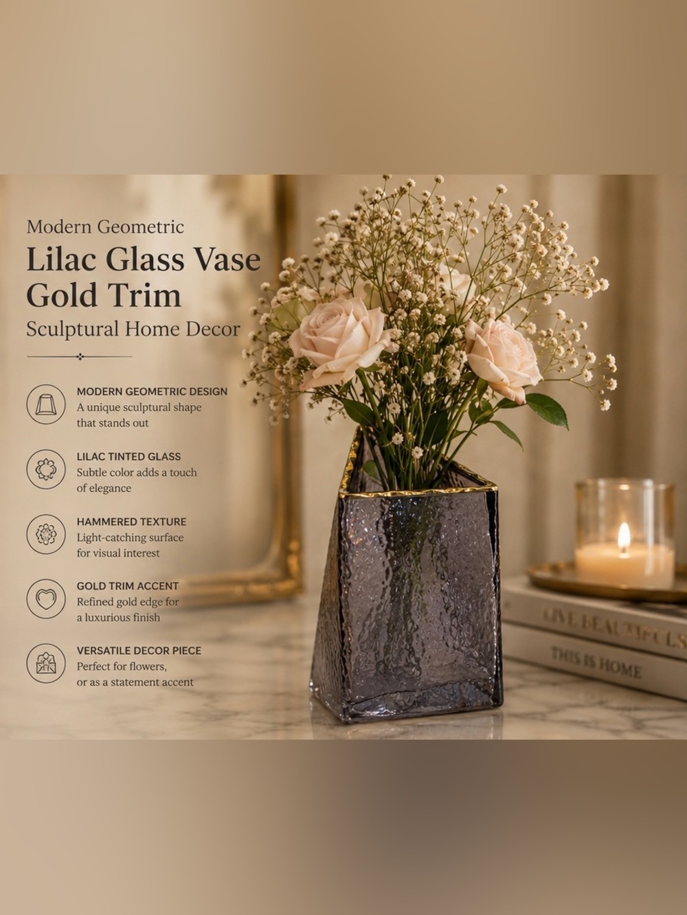 Modern Geometric Lilac Glass Vase Gold Trim Sculptural Home Decor